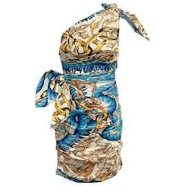 Moschino-Moschino Turquesa / Vestido estampado dourado de um ombro só-Azul