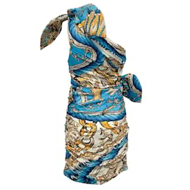 Moschino-Moschino Turquesa / Vestido estampado dourado de um ombro só-Azul