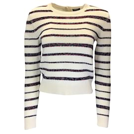 Chanel-Chanel Ivory / Navy Blue / Red Multi Metallic Striped Back Button Cashmere Knit Sweater-Cream