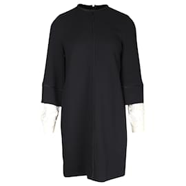 Victoria Beckham-Victoria Beckham Lace Sleeves Shift Dress in Black Wool-Black