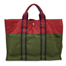 Hermès-Hermes Paris Vintage Red Canvas Cotton cabas MM Bag Tote-Rouge