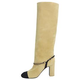 Chanel Neutral suede chain detail knee-high boots - size EU 38.5 Other
