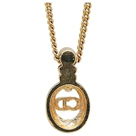 Dior-Dior Gold Logo Rhinestone Pendant Necklace-Golden