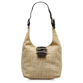 Fendi-Fendi Brown Zucca Buckle Shoulder Bag-Brown,Beige