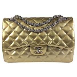 Chanel-Chanel Gold Jumbo Classic Patent lined Flap-Golden