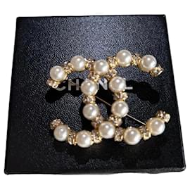 Chanel-Broches et broches-Blanc,Doré