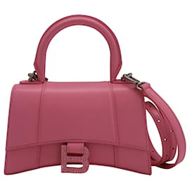 Balenciaga-Balenciaga Hourglass XS Handbag with Rhinestone Logo in Pink Calfskin Leather-Pink