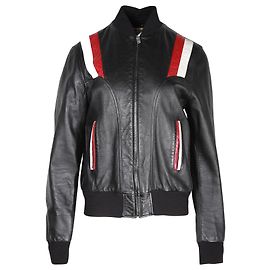 Saint Laurent Striped Detail Bomber Jacket in Black Lambskin Leather Black