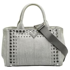 Prada-Studded Denim Handbag 1BG439-Grey