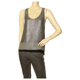Diane Von Furstenberg DVF Grau Silber Perlen glänzendes seidiges Tanktop ohne Ärmel 6 Silber