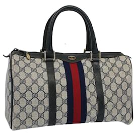 Gucci-GUCCI GG Canvas Sherry Line Boston Bag Gray Red Navy 012 3842 58 auth 54742-Red,Grey,Navy blue