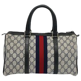 Gucci-GUCCI GG Canvas Sherry Line Boston Bag Gray Red Navy 012 3842 58 auth 54742-Red,Grey,Navy blue