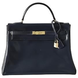Hermès-Sac Hermes Kelly 32 en cuir box bleu marine-Bleu