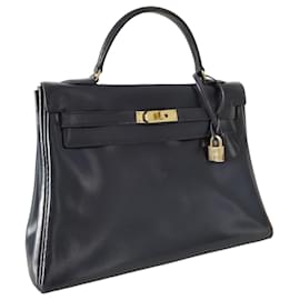 Hermès-Sac Hermes Kelly 32 en cuir box bleu marine-Bleu