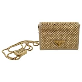 Prada-Pequena bolsa porta-cartões Prada em cetim dourado inteiramente coberta com cristais extravagantes-Dourado