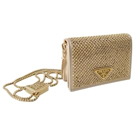 Prada-Petit sac porte carte Prada en satin doré entièrement recouvert de cristaux fantaisie-Doré