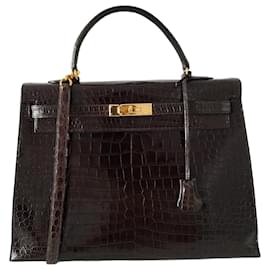 Hermès-Sac Hermes Kelly 35 en crocodile marron-Marron
