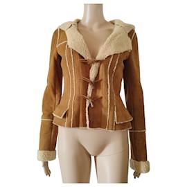 Giacca Chanel in agnello scamosciato marrone e lana beige Cammello