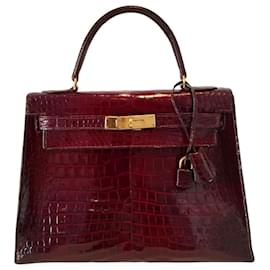 Hermès-Hermes Kelly bag 28 in burgundy crocodile-Dark red