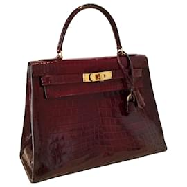 Hermès-Sac Hermes Kelly 28 en crocodile bordeaux-Bordeaux