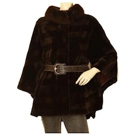 Fendi-Fendi Selleria Veste ceinturée marron en fourrure de vison et de zibeline manteau court côtés ouverts18000-Marron