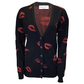 Sonia Rykiel Black / Strickjacke aus Wollstrick mit rotem Lippen-Print Schwarz