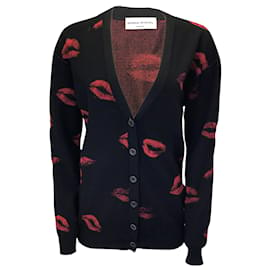 Sonia Rykiel-Sonia Rykiel Black / Red Lips Print Wool Knit Cardigan Sweater-Black