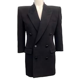 Saint Laurent-Saint Laurent Black 3/4 Sleeve Double Breasted Strong Shoulder Coat Dress-Black