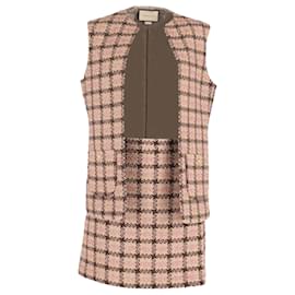 Gucci-Gucci Checkered Vest and Skirt Set in Beige Lame Tweed-Brown,Beige