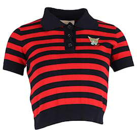 Gucci-Gucci Cat-Applique Striped Polo Shirt in Red Cotton-Red