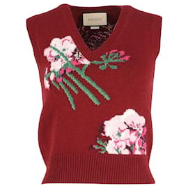 Gucci-Gucci Knitted Floral Vest in Burgundy Wool-Dark red