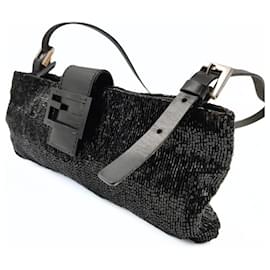Fendi-Fendi baguette shoulder bag in coral and black leather-Black