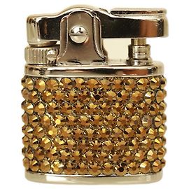 Gucci Italy Gold Tone Crystals Studded Silver Tone Metal Lighter Golden