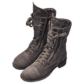 Chanel Bottines à lacets avec logo Combat CC Gris Gris anthracite