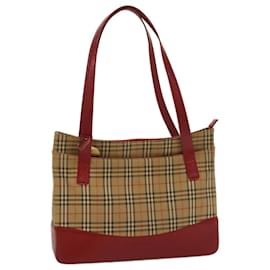 Burberry-BURBERRY Nova Check Tote Bag Nylon Leather Beige Red Auth 54684-Red,Beige