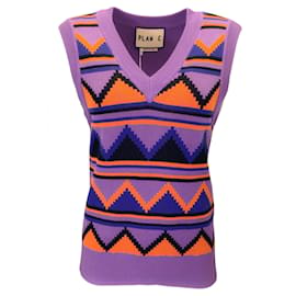 Autre Marque-Plan C Purple / Orange Multi Patterned Knit Sleeveless V-Neck Cotton Knit Sweater-Purple