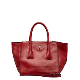 Prada-Prada Leather Triangle Logo Plate 2WAY Handbag Red in Good Condition-Red
