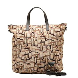 Prada-Prada Triangle Logo Tote Bag  Canvas Tote Bag in Good condition-Brown