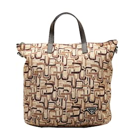Prada-Prada Triangle Logo Tote Bag  Canvas Tote Bag in Good condition-Brown