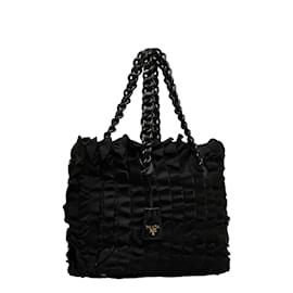 Prada-Prada Nylon Ruffle Chain Tote Bag Canvas Tote Bag in Good condition-Black