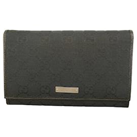 Gucci-Gucci Black Signature Canvas Leather Trim Logo Plaque Bifold Wallet Purse-Black