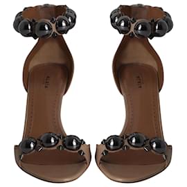 Alaïa-Alaia La Bombe Embellished Ankle Bracelet Sandals in Brown Leather-Brown
