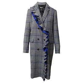 MSGM Ruffle Plaid Coat in Multicolor Cotton Other