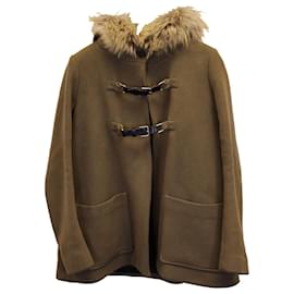 Maje-Maje Fur-Trimmed Duffle Coat in Olive Wool-Green,Olive green