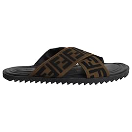 Fendi-Fendi Zucca Crisscross Slide Sandals in Brown Canvas-Brown