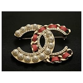 Chanel-Chanel metal leather brooch-Golden