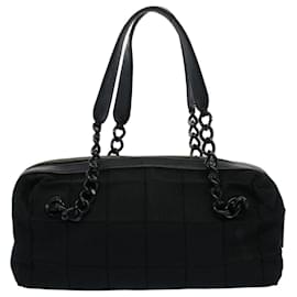 Chanel-CHANEL Choco Bar Chain Shoulder Bag Ccotton Black CC Auth bs8642-Black