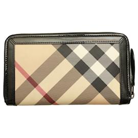 Burberry-Burberry Signature Beige Check Canvas Black Leather Zip Around Wallet Purse-Multiple colors