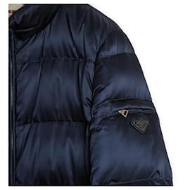 Prada-Re-Nylon Navy Satin Down Puffer Jacket FR40-Navy blue