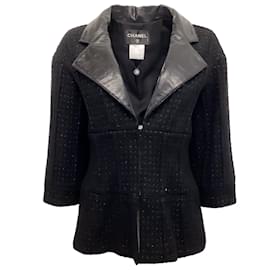 Chanel-Chanel 2014 Supermarket Collection Black Boucle Jacket with Leather Collar-Black